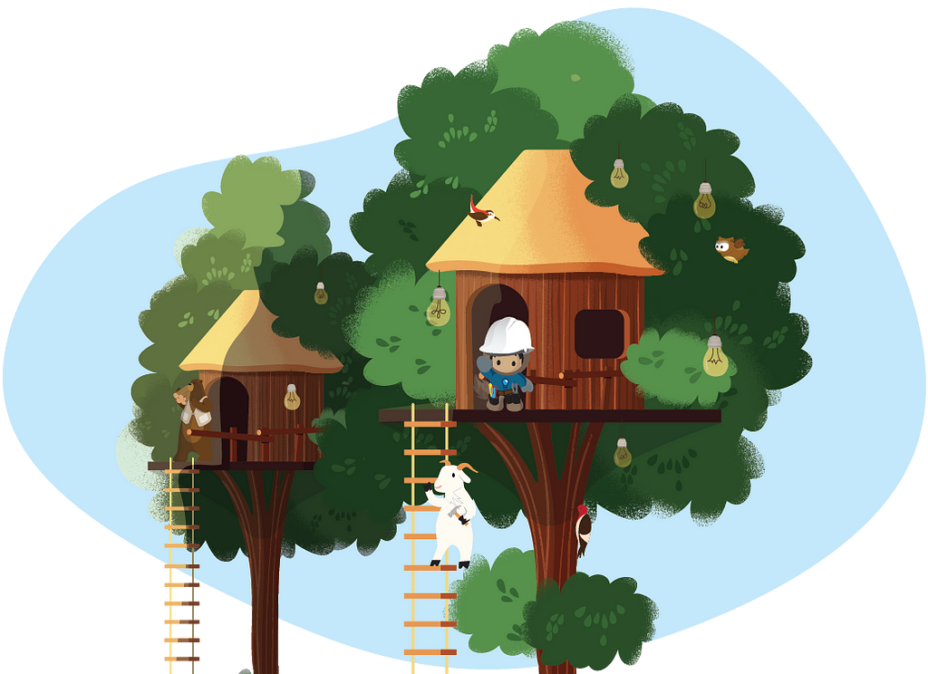 Trailhead characters Codey, Astro, and Cloudy in two tree houses in the canopy of a forest. Light bulbs hang in the foliage.