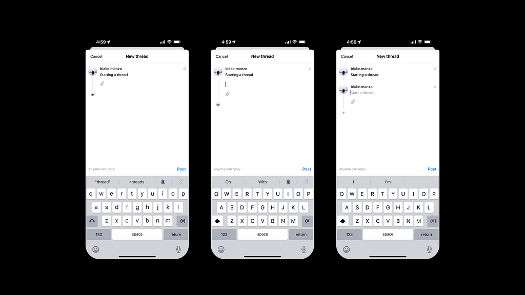 3 screenshots of the Threads App by Instagram, showing a flow to attempt to create a Thread, the first screenshot is typing a text post, the second is showing a new line entered, and the third is showing a new Thread