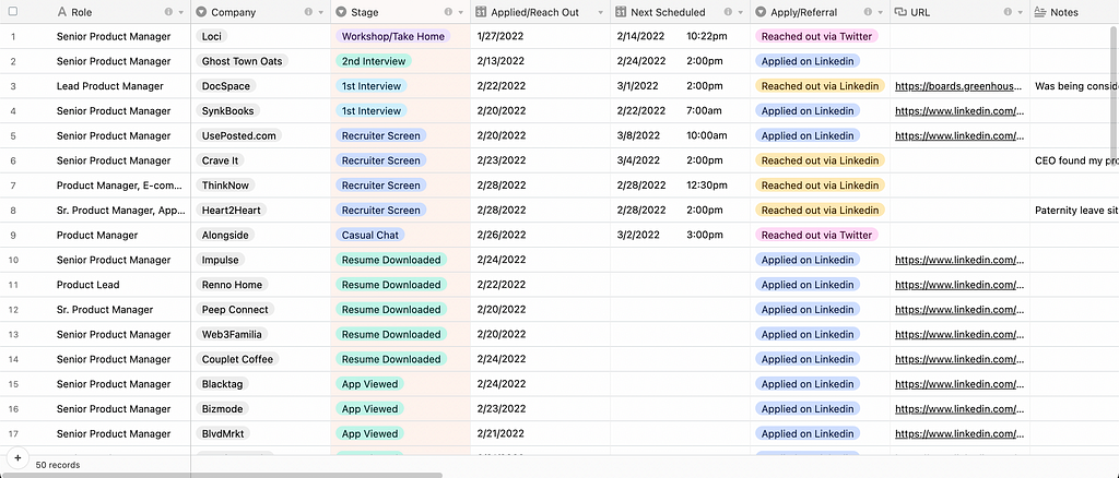 Screenshot of job interview database