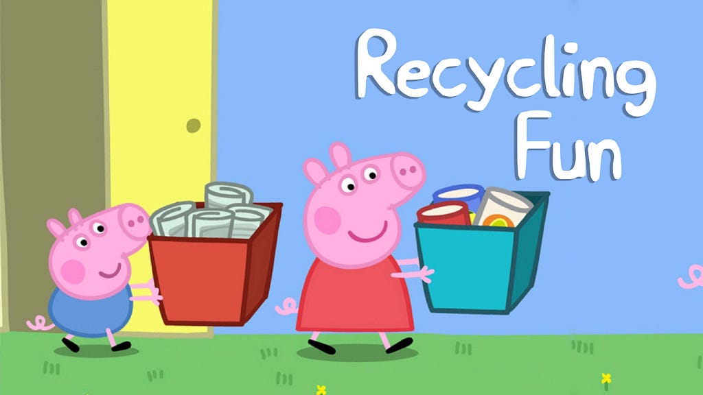 Peppa Pig está reciclando. Na parede lemos "Reciclar é divertido".