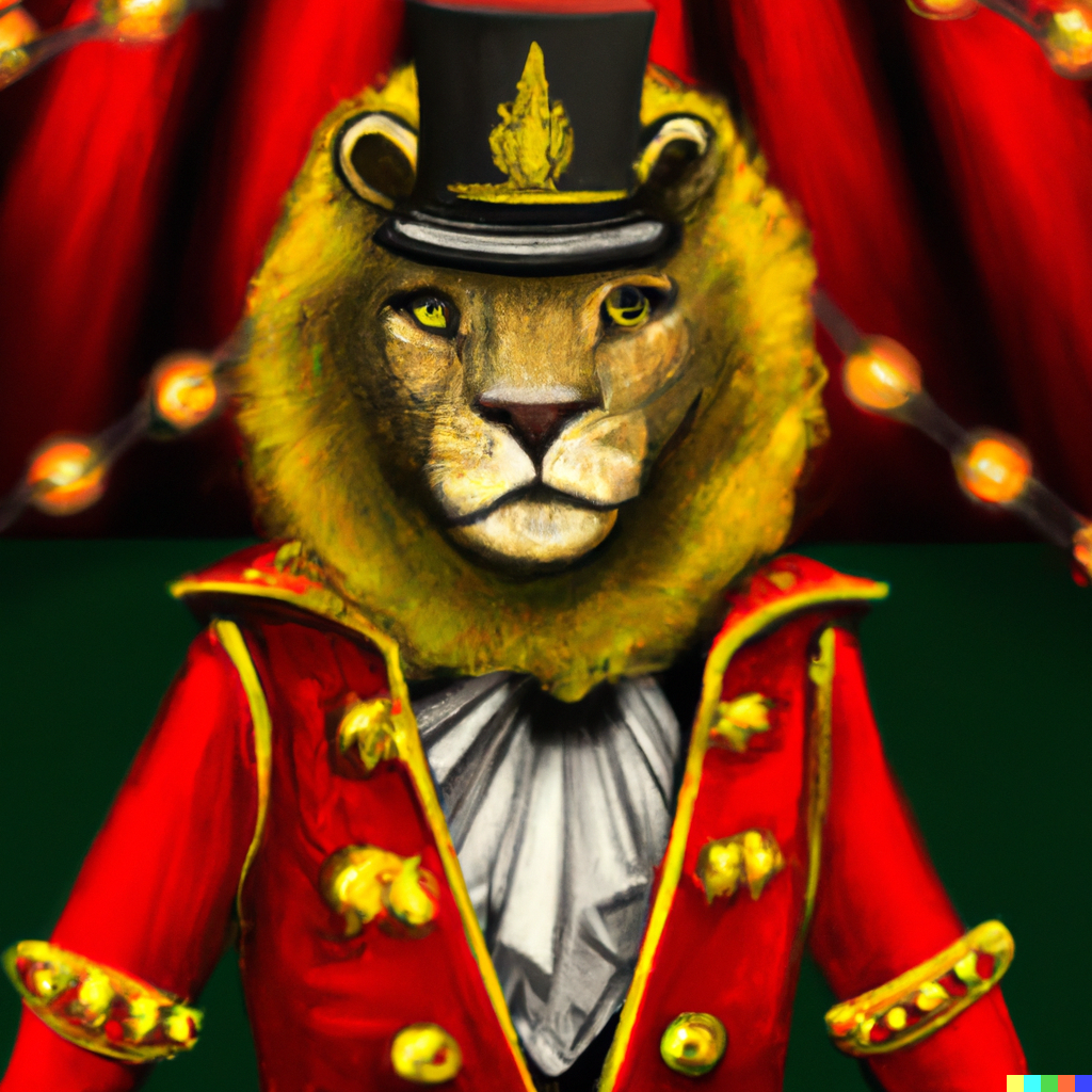 A cartoon image of a lion dressed as a circus ring leader.