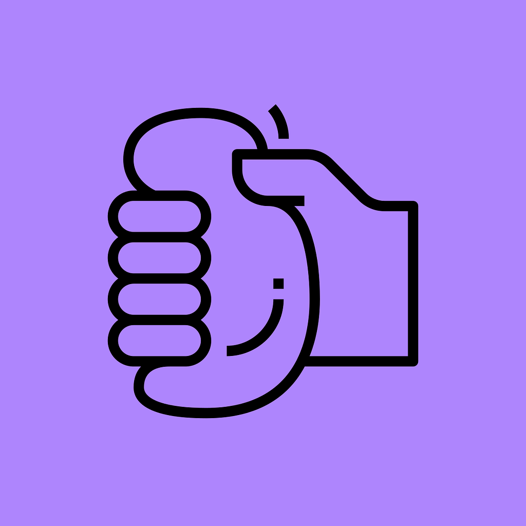 Illustration of a hand squeezing a stress ball against a purple background.