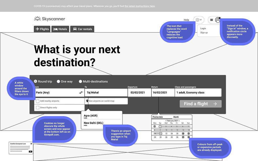 Black and white wireframe with commentaries about every proposition of change