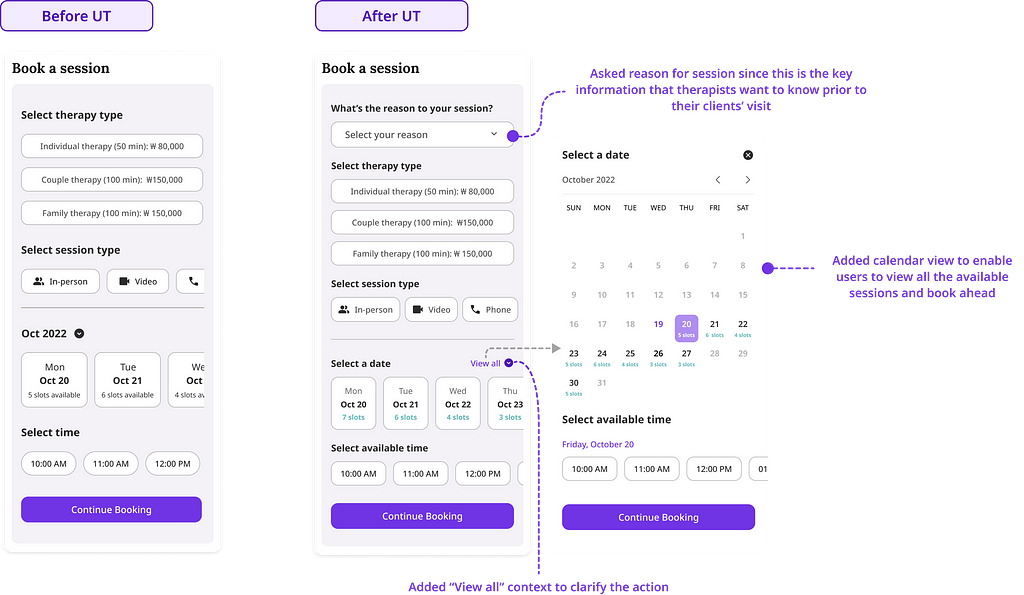 Shows difference in booking card before and after usability test