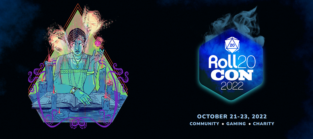 A spooky illustration of a person reading a book surrounded by ghosts and purple swirls as a dice floats in their hands. The artwork is within a triangle while the ghost heads fly outward. To the right is the Roll20Con2022 logo in blue with ‘October 21–23, 2022 Community, Gaming, Charity’