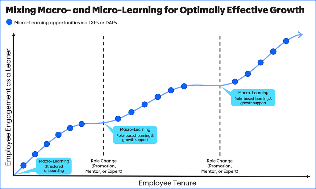 Line chart of how to balance macro and micro learning for optimally effective growth across the employee tenure.