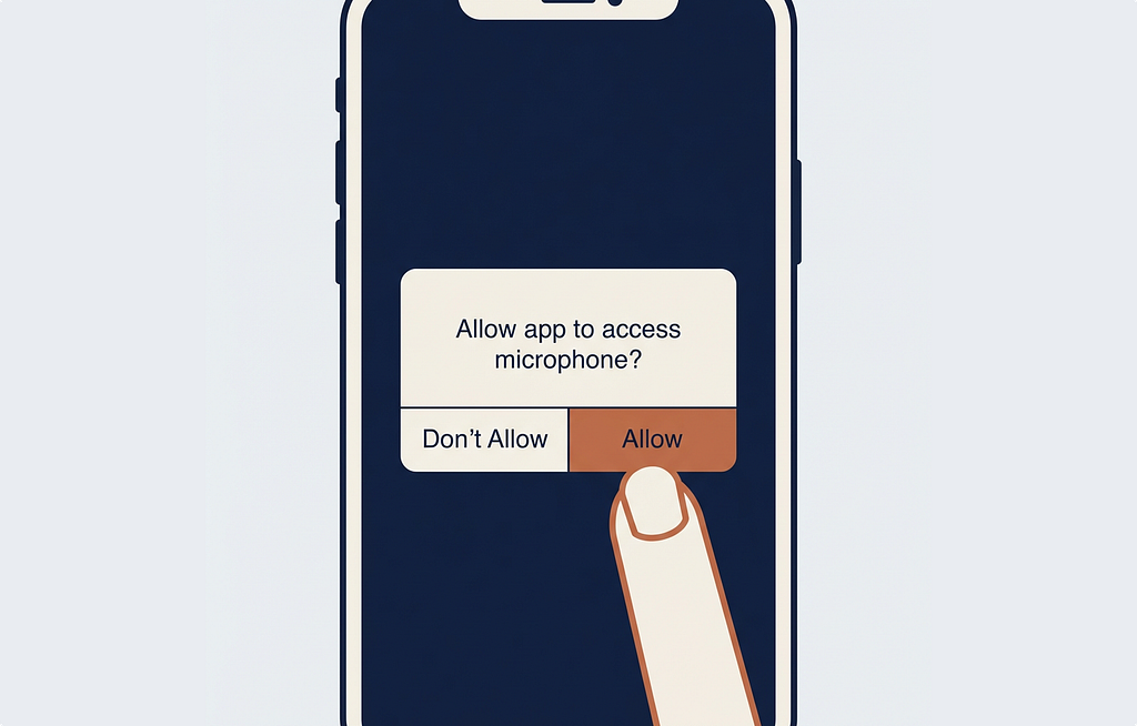 Flat vector illustration of a smartphone screen showing a permissions dialogue asking “Allow app to access microphone?” with a finger pressing the Allow button