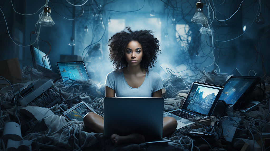 Black woman sitting behind a Macbook with books, electronics spiraling behind her. Mist and dark lighting.