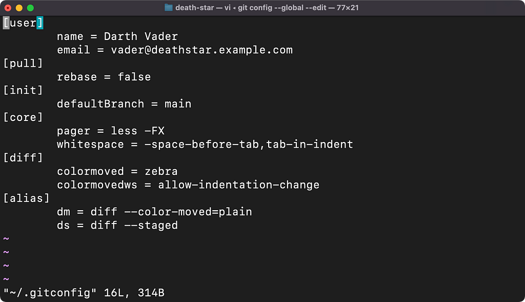 Terminal output showing Git configuration file in vi.
