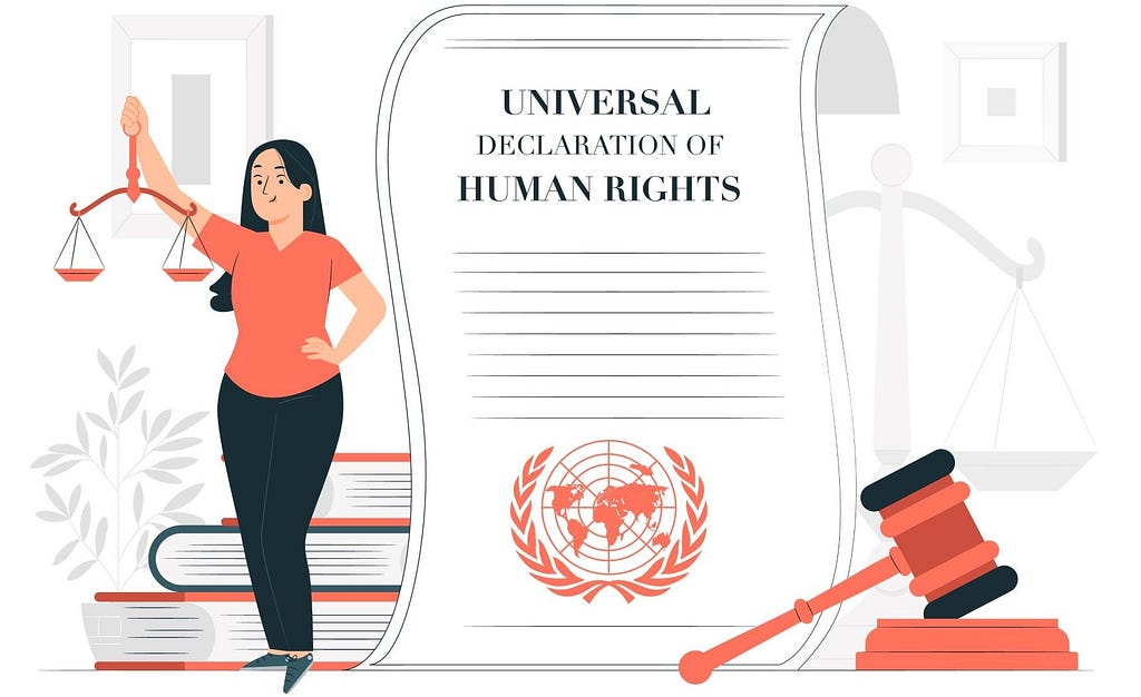 Woman holding up scales with a copy of the Universal Declaration of Human Rights laid out next to her.