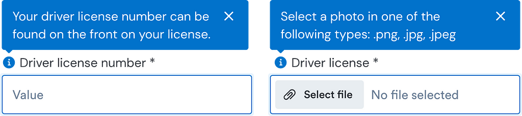 An image showing two examples of tooltips on input field types