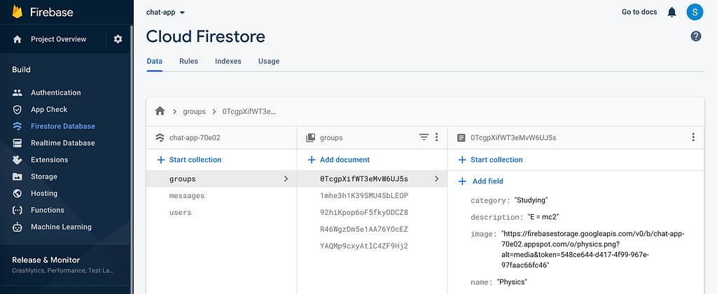 Screenshot of Firestore Database filled with data.