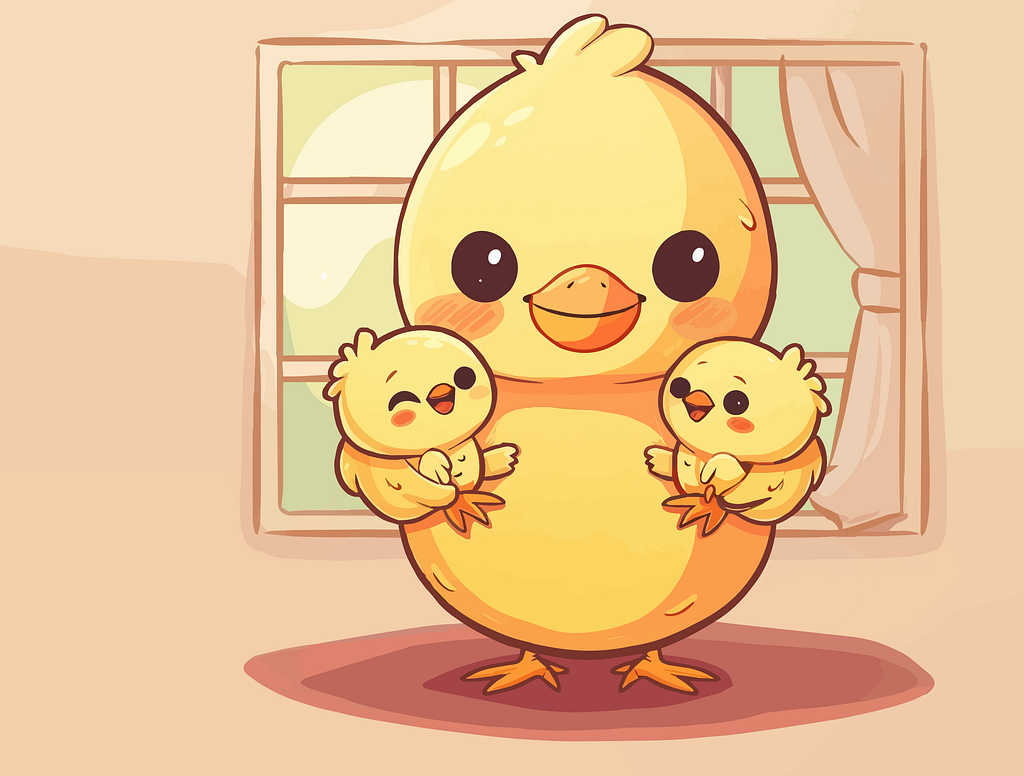 Cute illustration of a mother hen facing the camera holding two baby chicks, one in each arm. She’s standing in front of a window inside a warmly-shaded home.