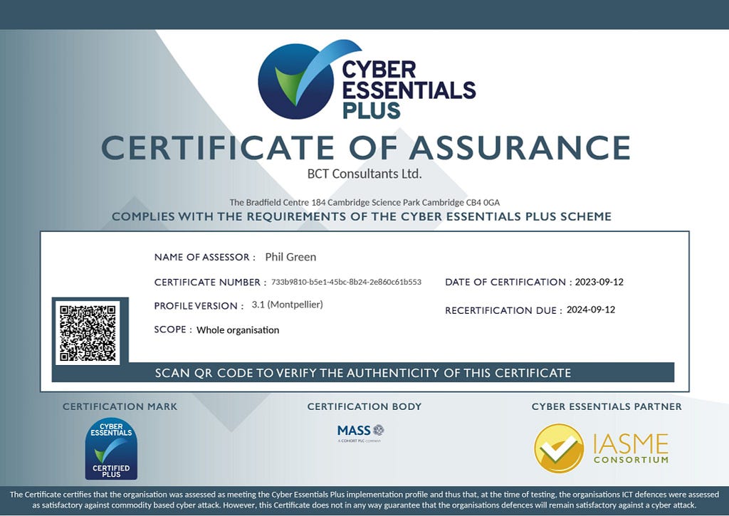 Certificate of Assurance — Cyber Essentials Plus