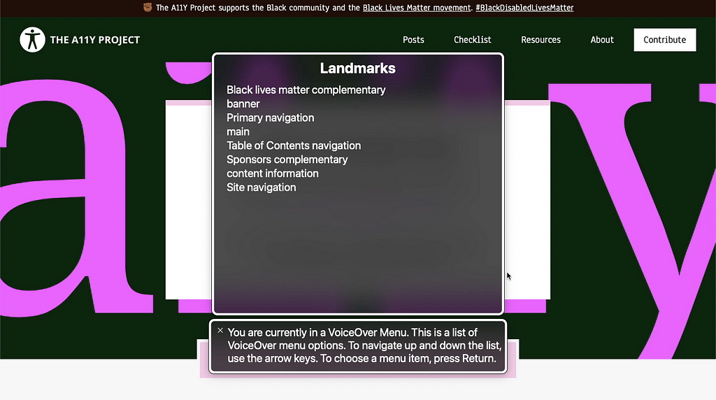 Screenshot of a11y.com with a showcase of landmarks picked up by the Mac VoiceOver assistive technology.