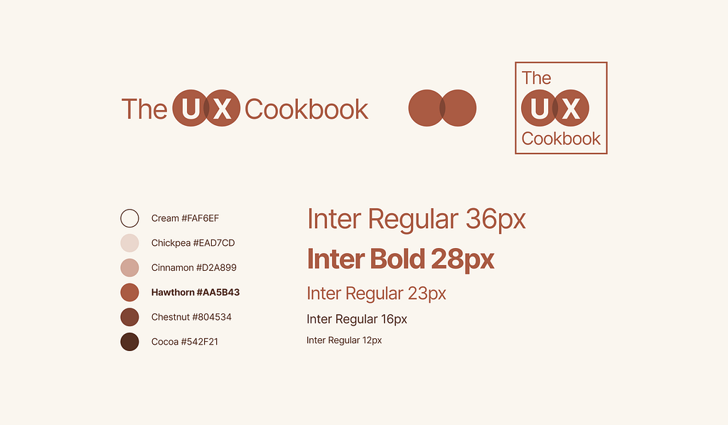 The UX Cookbook’s branding cheat sheet, including its logos, brand colors, and typography elements