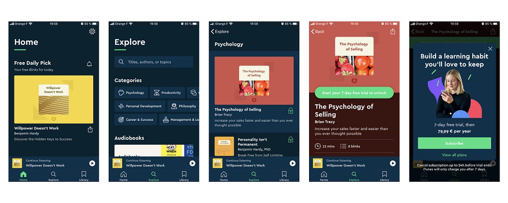 Screenshots of the original application showing the five different screens “Home” / “Explore” / « Psychology » category…