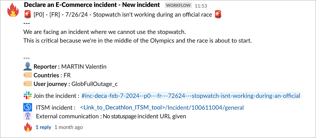 A screenshot of a slack message for incident declaration, showing structured information