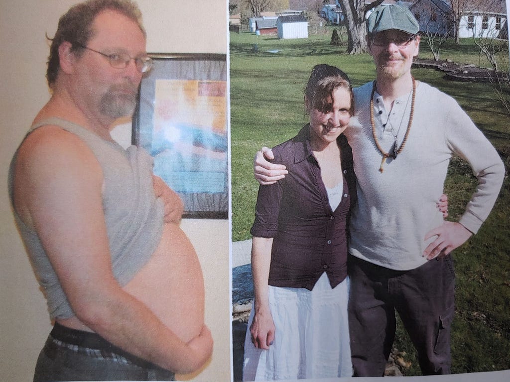 On the left a man with glasses cradles his large belly in his hands; on the right the same, much skinnier man, hugs his wife.
