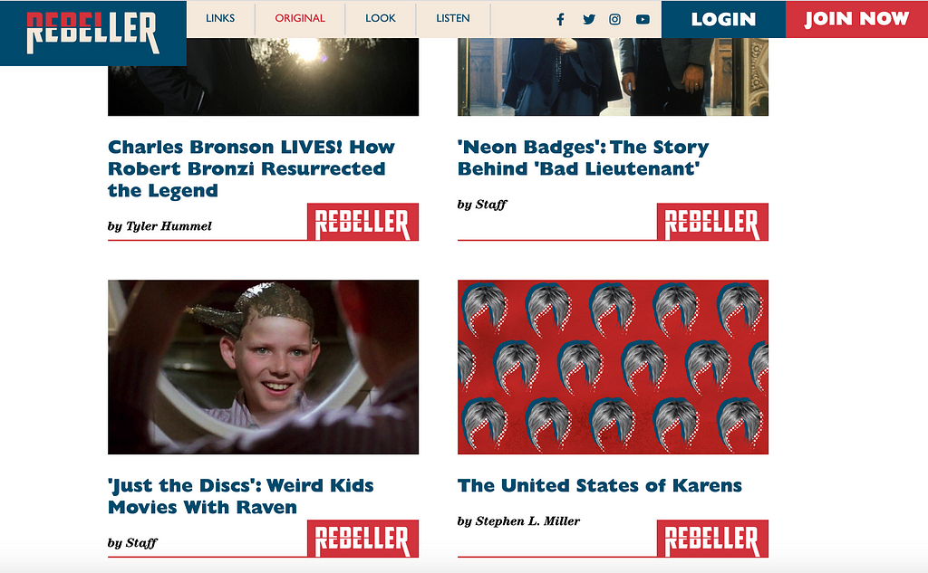 Rebeller’s “original content” page, with red, white, and blue accents and articles about Charles Bronson and “Karens”.