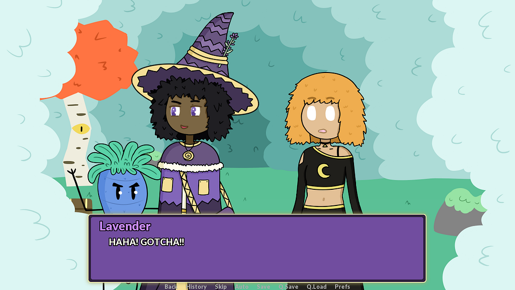 a screenshot from “a potion for chamomile” shows two characters. on the left, a person with dark hair and skin is holding a blue mandrake plant. on the right, a person with light hair and skin. the text reads: “lavender: haha! gotcha!!”