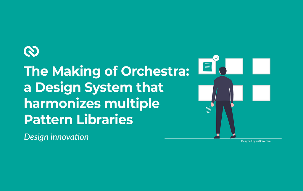 On a green background, on the left you can find Growens logo, the title of the article “The making of Orchestra: a design system that harmonizes multiple pattern libraries” and then Design innovation as the category of the article. On the right there is a person looking at different squares that represents different concepts that they need to check and verify that they are cohesive between each other in the same ecosystem