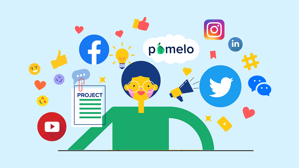 Cute Pomelo character surrounded by social logos from Facebook, Twitter, LinkedIn, Instagram and emojis.