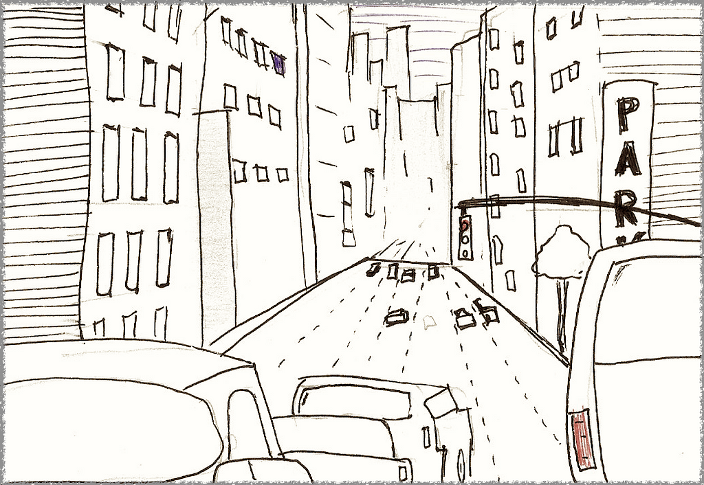 Drawing of city street in perspective, lined with tall buildings on both sides and full of cars and street lights in the center.