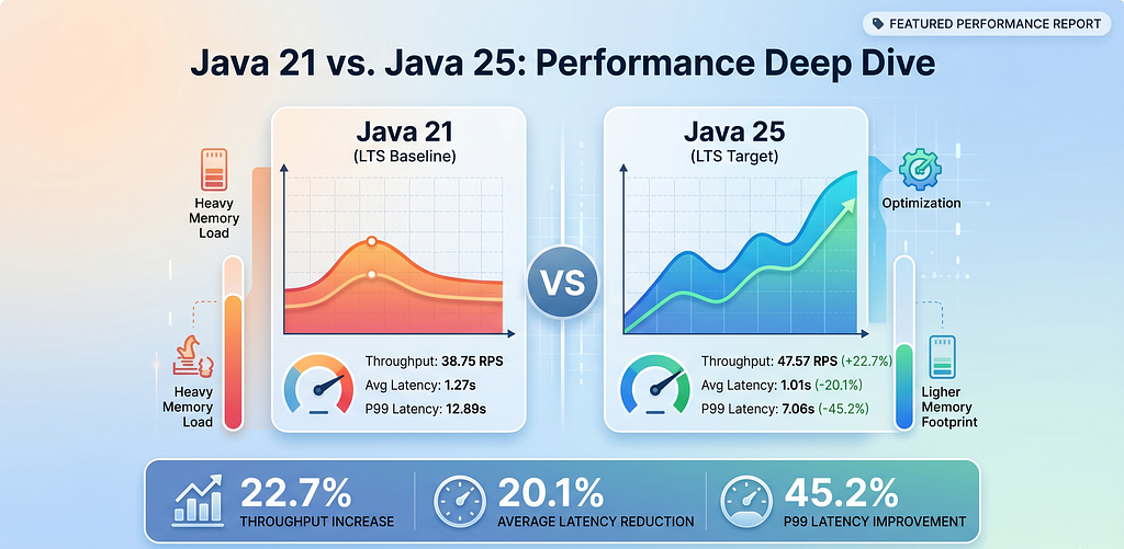 Java 21 to 25: 22.7% increase in throughput (RPS) and a 20.1% reduction in average latency.