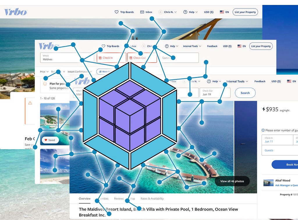 Webpack module federation logo in front of Vrbo screenshots