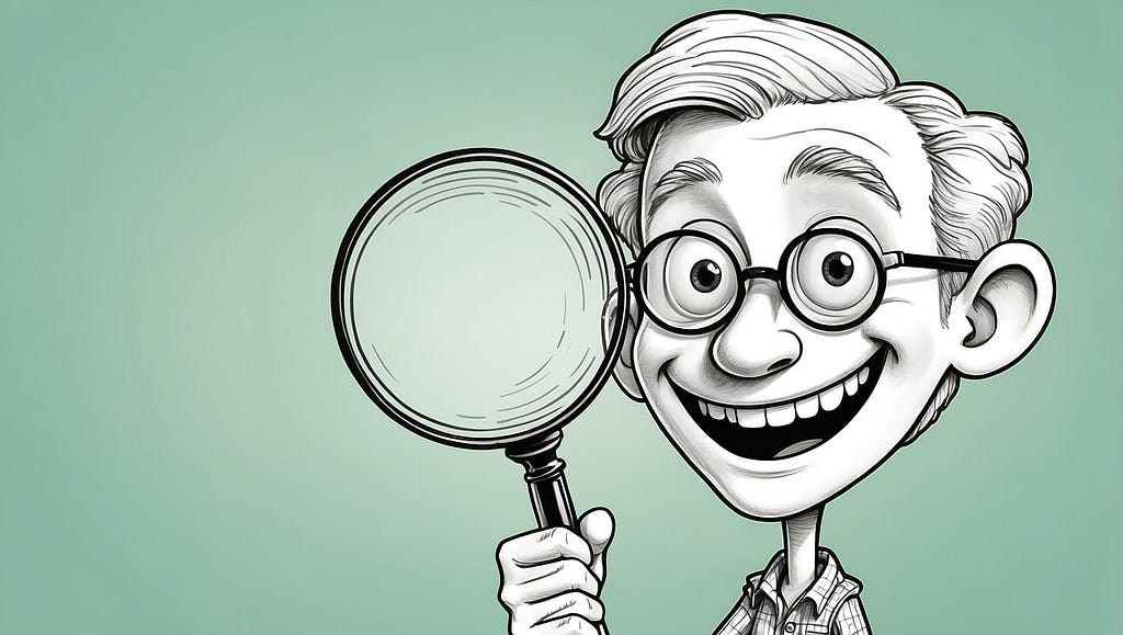 A cartoon man holding a magnifying glass and smiling against a plain green background