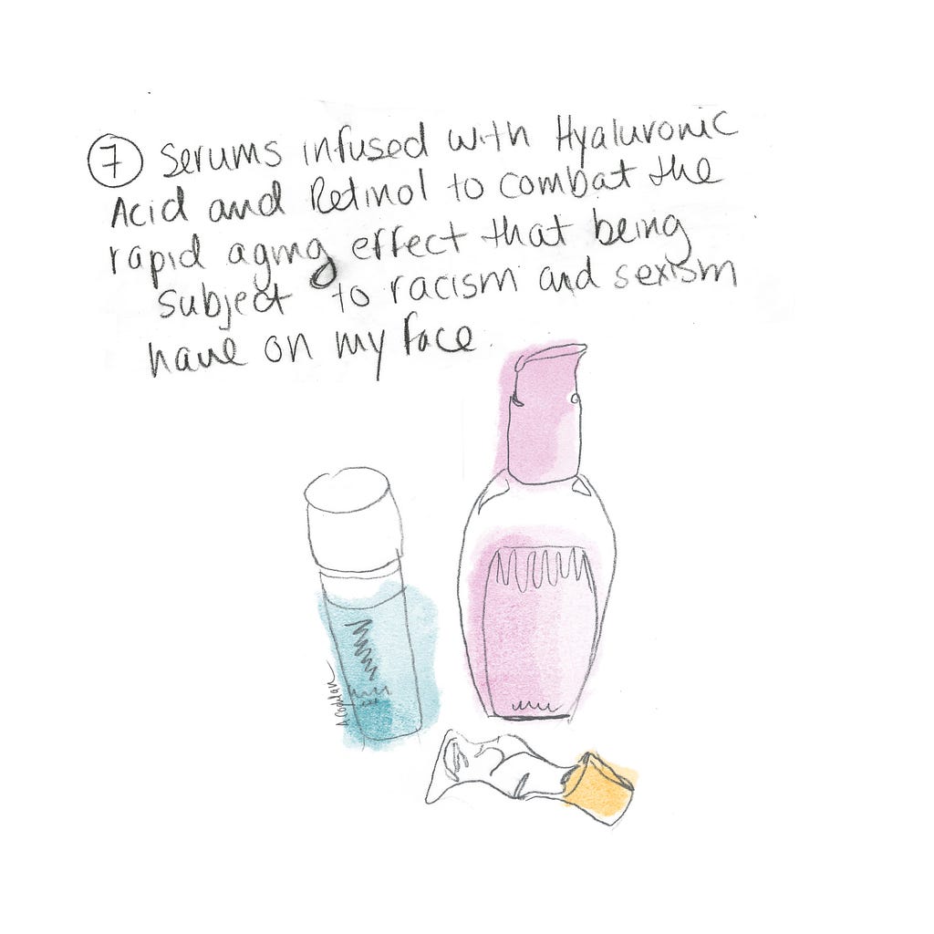 An illustration of three bottles of face lotions with the accompanying text: “Serums infused with Hyaluronic Acid and Retinol to combat the rapid aging effect that being subject to racism and sexism has on my face”