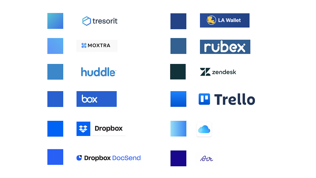 Several examples of company logos that are blue. The logos are as follows: tresorit, moxtra, huddle, box, dropbox, dropbox docsend, LA wallet, rubex, zendesk, trello, dropbox, and air