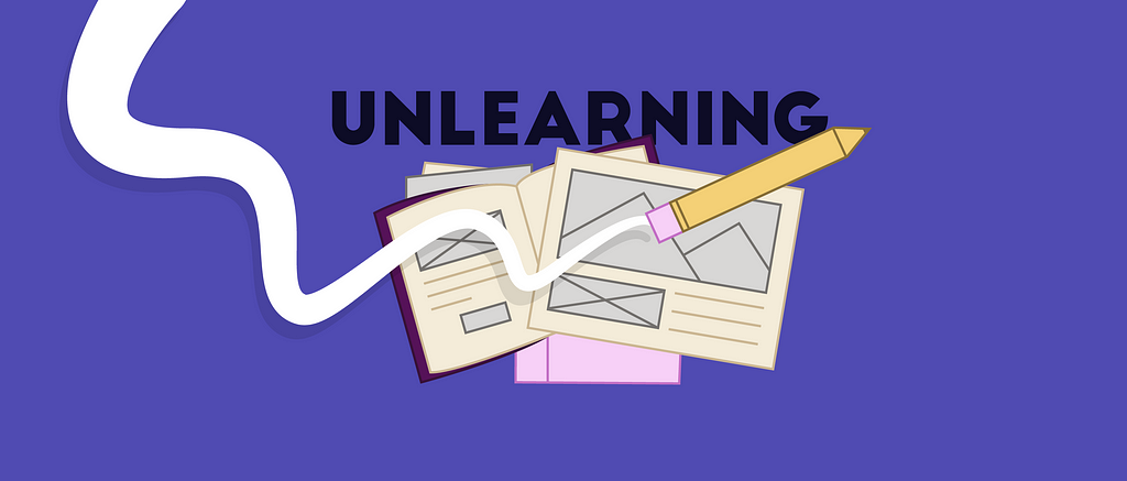 Illustration of pen and papers over "Unlearning" wording