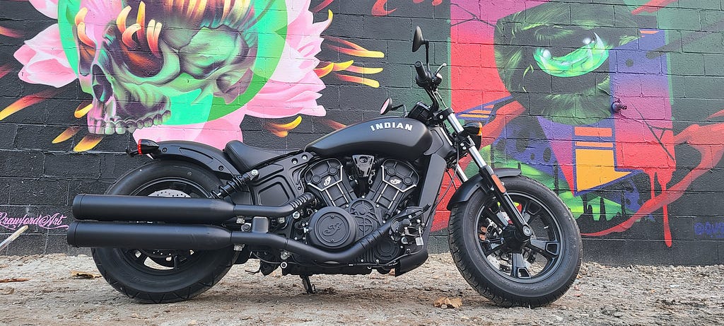 Motorcycle in front of Graffiti in the River Arts District of Asheville, NC. Photo by Joe Blanchard.