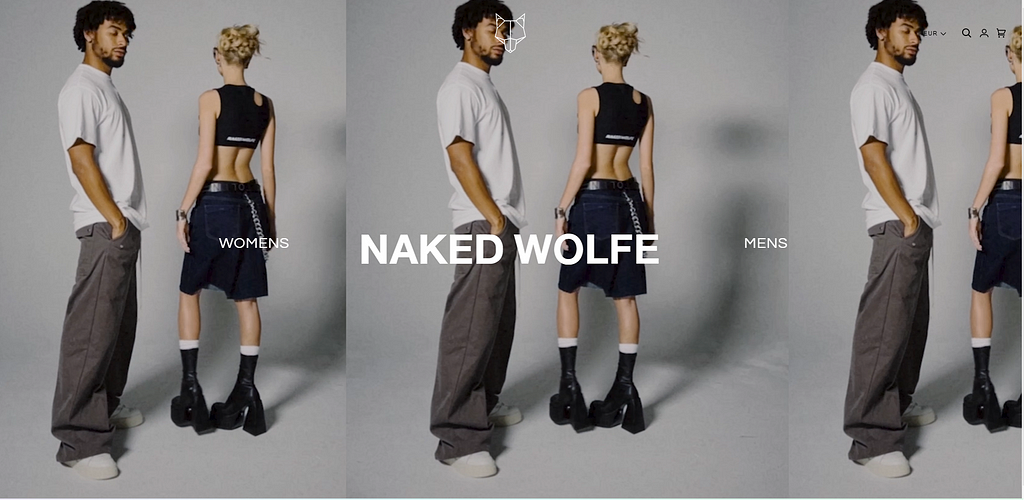 Naked Wolfe home page male and female models, wearing jeans, black boots with white socks, white sneakers, T-shirt, black crop-top