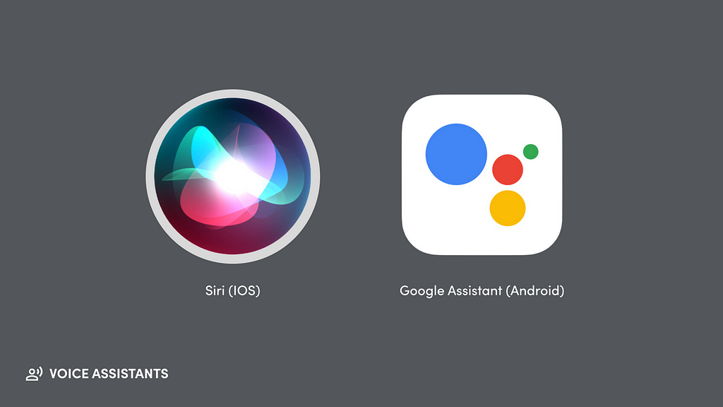 Images of voice assistants. The Siri icon on the left representing Apple’s voice assistant and the Google Assistant icon on the right representing Google’s voice assistant.”