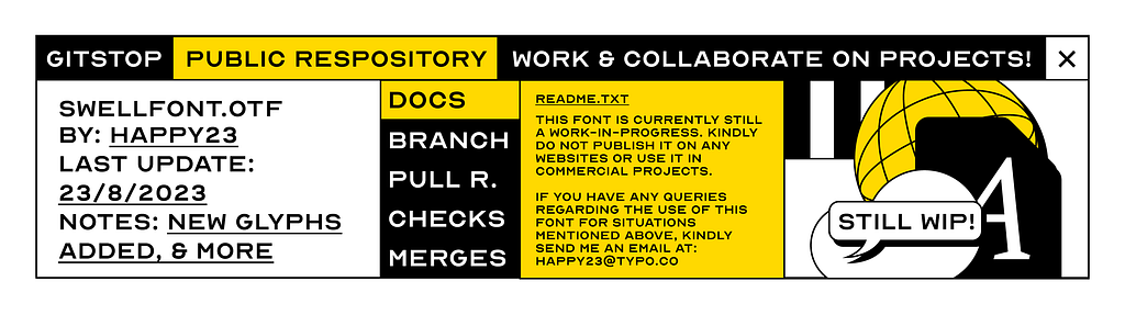 An illustration of a fictional online repository page featuring a font file, with a documentation, stating it’s a “work-in-progress” and not for publishing on any websites.