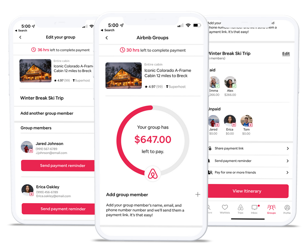 Final mockups for Airbnb Group Pay Feature.