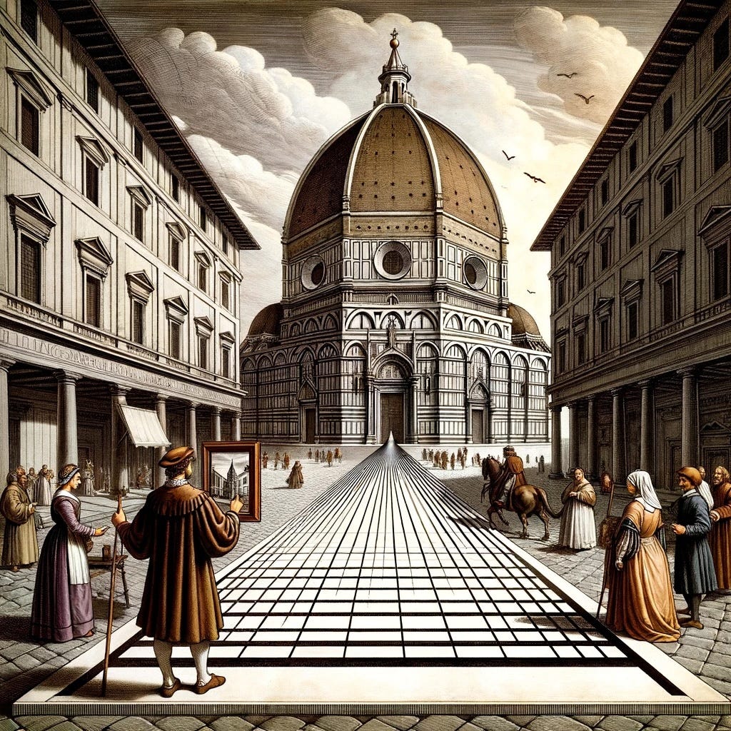 Here is an illustration depicting Filippo Brunelleschi’s experiment with linear perspective. This visualization shows the Florentine Baptistery as seen from the front gate of the Florence Cathedral, with converging lines leading to a single vanishing point, demonstrating how Brunelleschi illustrated the principles of perspective. You can see Brunelleschi holding a mirror and a painted panel, showcasing the convergence at the vanishing point, set against the backdrop of Renaissance Florence.