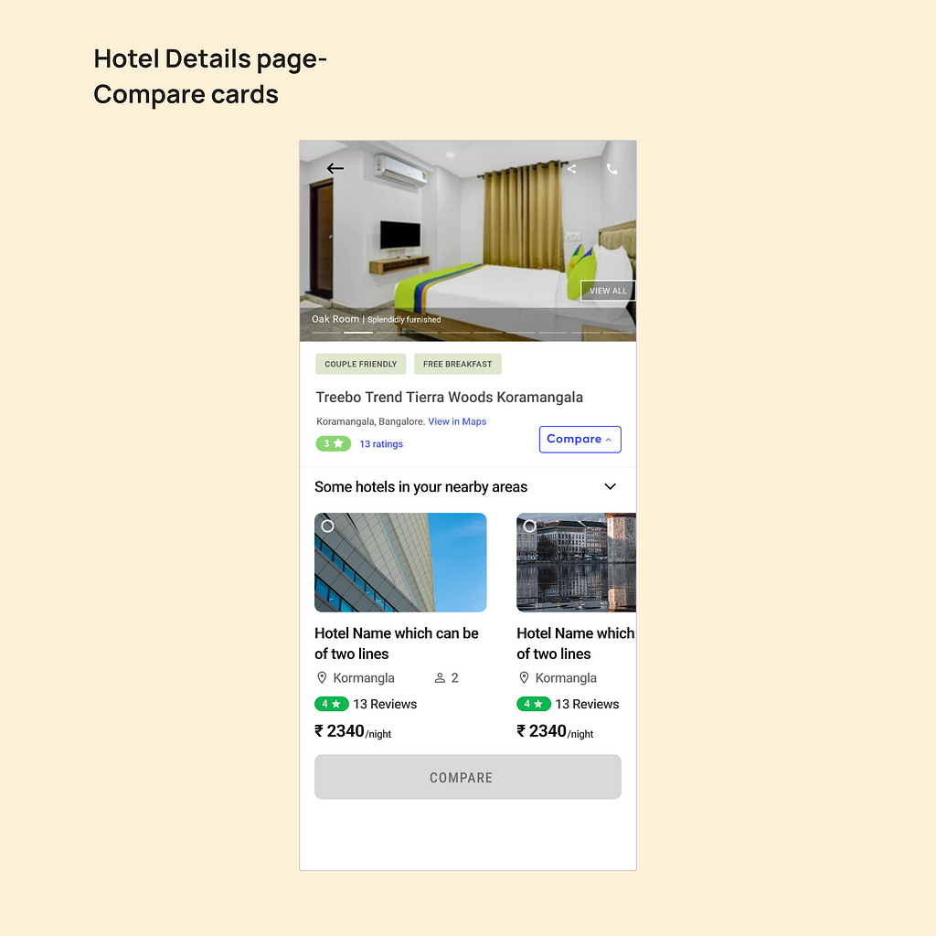 Image of hotel details page comparison widget before usability testing