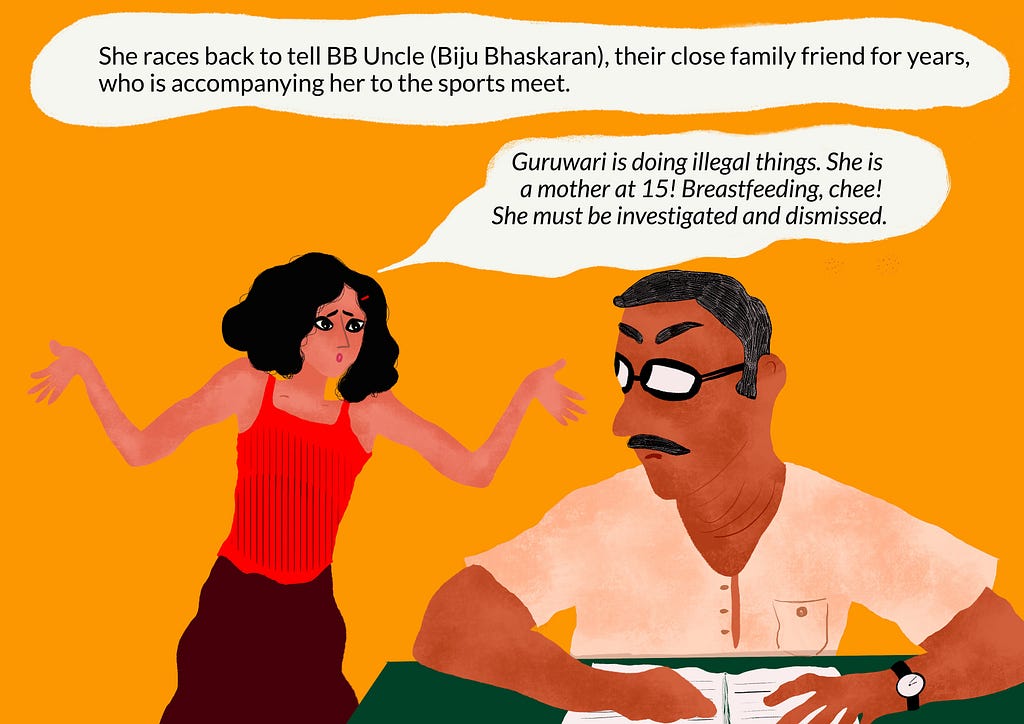 A panel showing Tara expressing her shock to BB Uncle, their close family friend.