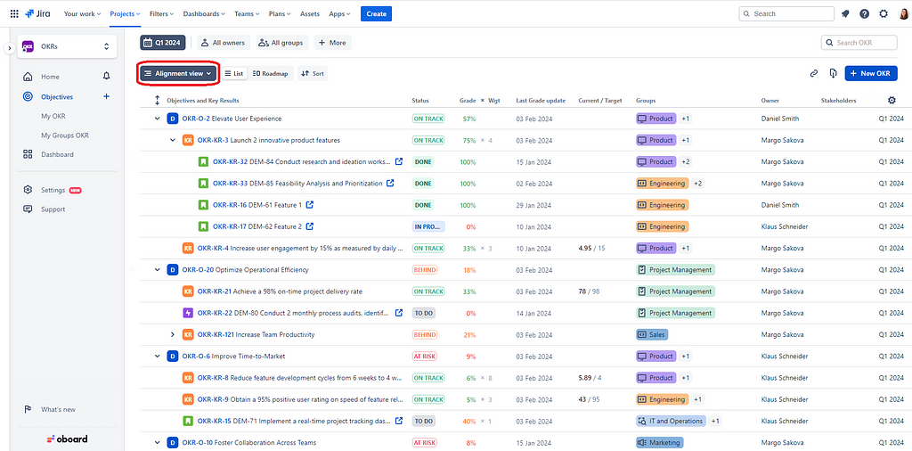 Jira OKR Alignment view by Oboard OKR Software