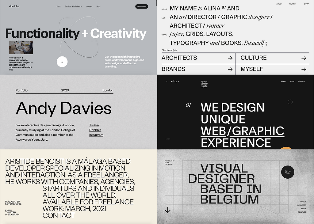 Examples of six sites that experiment with big and bold lettering