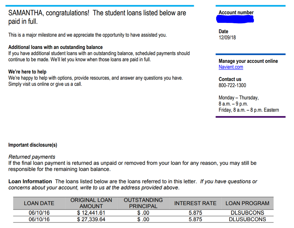 A screencap of my pay off notice document from Navient, showing my student loans paid in full.