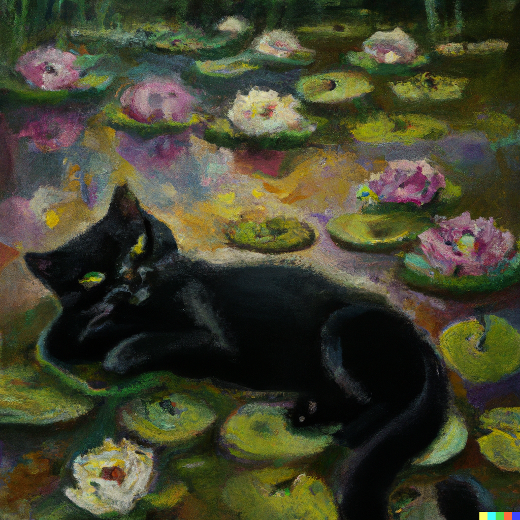 Prompt: “Lazy black cat on water lilies painted by Claude Monet, digital art” — DALL-E 2