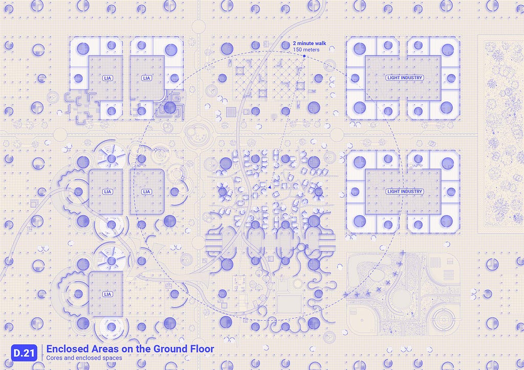 Floor plans of the ground level of nine city blocks.
