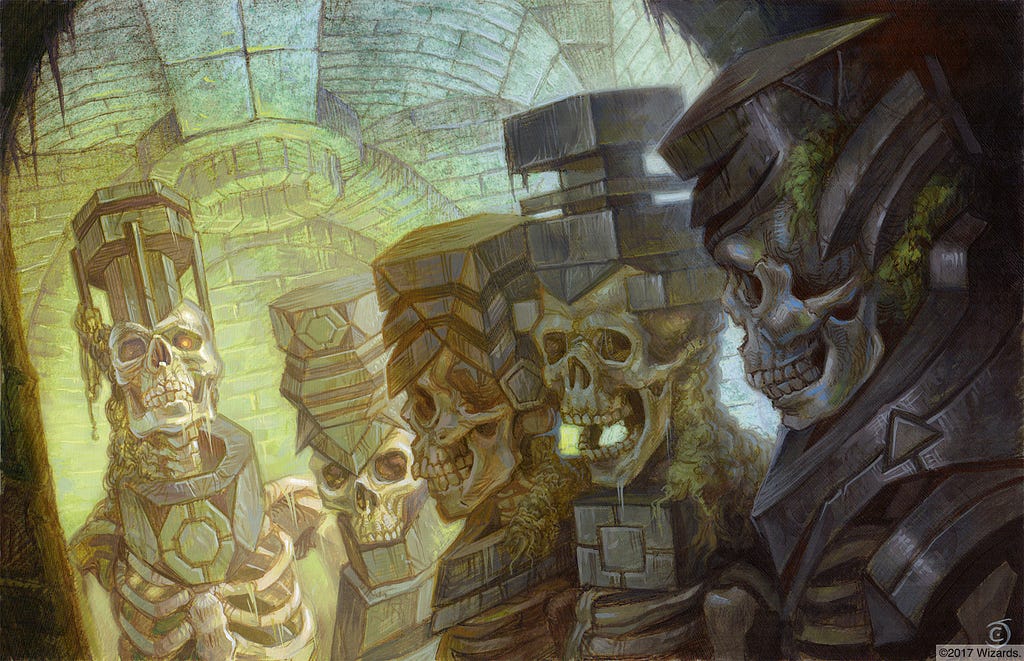 They five skeleton keys from Acererak’s dungeon each display their different geometrical shapes.
