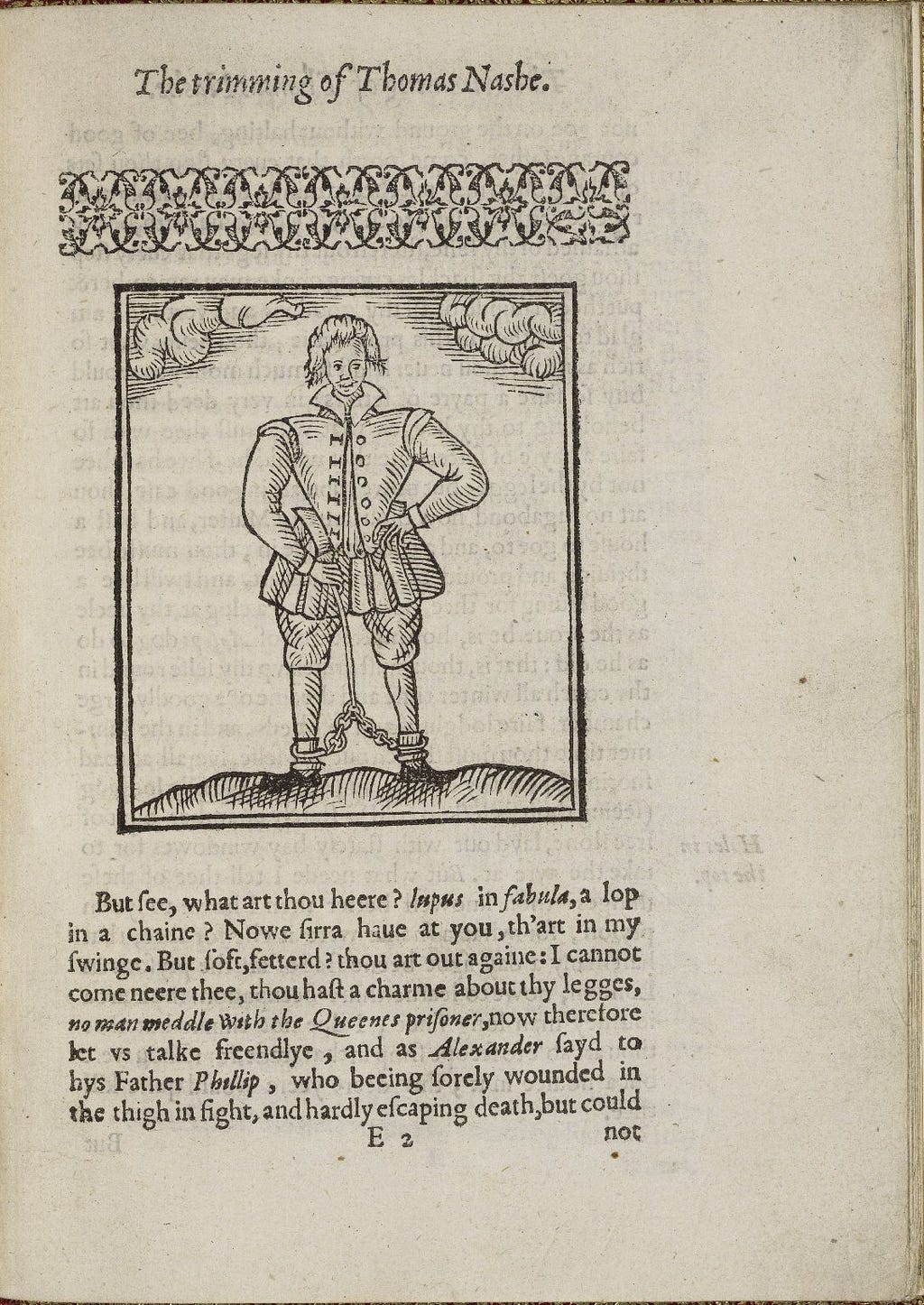 Book open to a page with a woodcut of a man with his legs shackled.