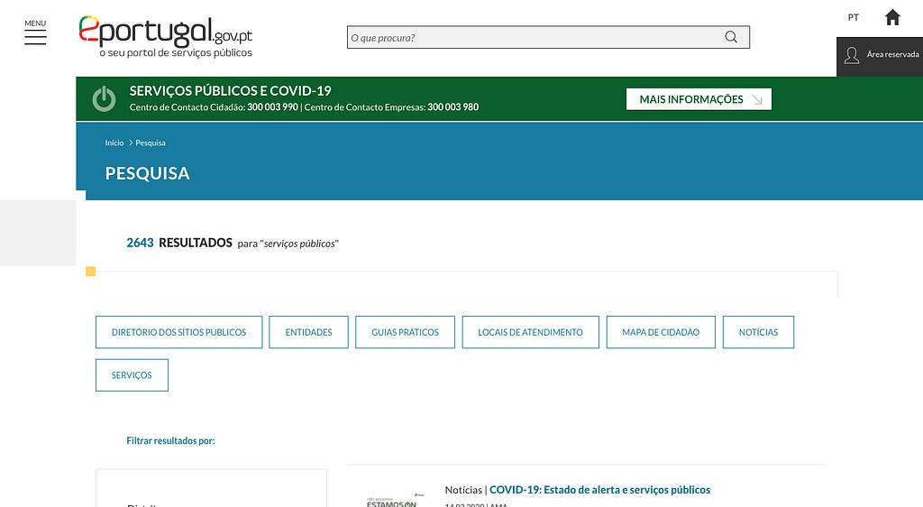 Page of search results of portal ePortugal